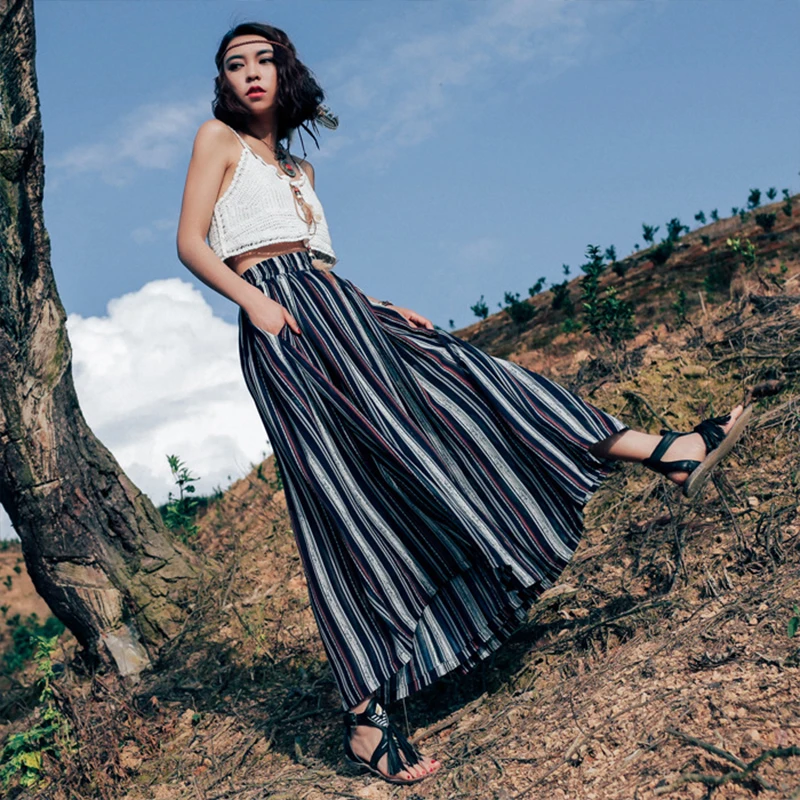 

LZJN Culottes Pants for Women 2020 Summer Chiffon Cropped Trousers Vintage Bottoms Elastic High Waist Striped Wide Leg Pants