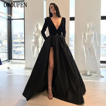 

2019 Black Prom Evening Dresses Velvet and Satin A-Line High Slit Dee V-Neck Celebrity robe de soiree vestido de fiesta de noche