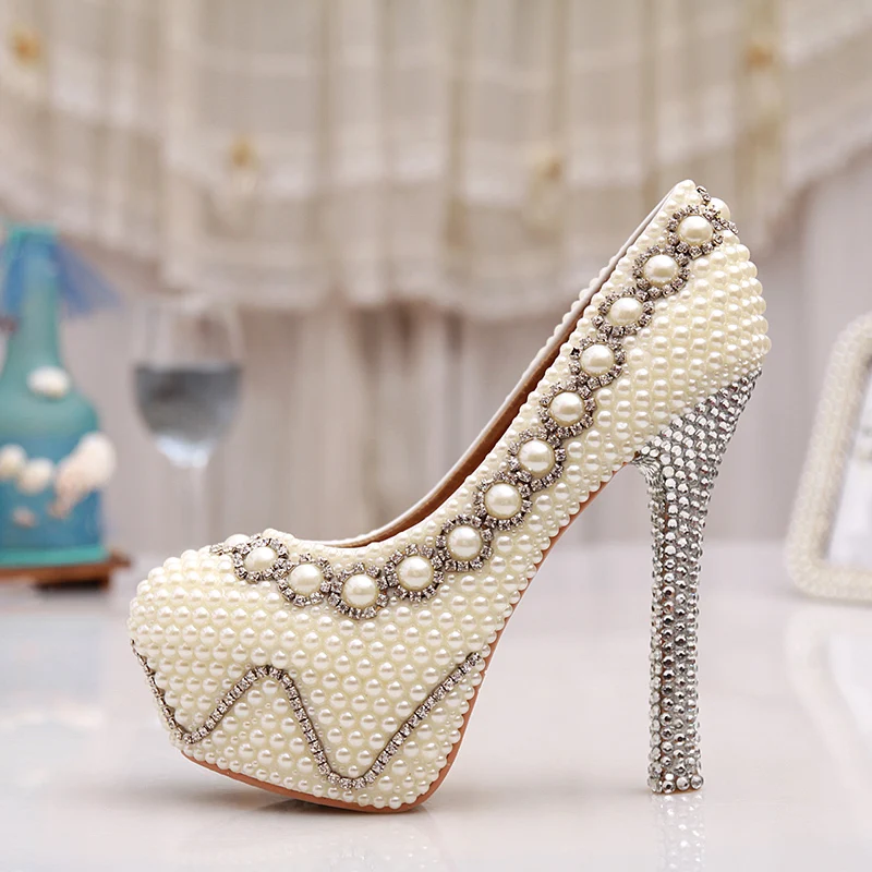 

Free Shipping 5 Inches White Pearl Wedding Shoes Rhinestone Bridal High Heels Sexy Prom Pumps Ivory Bridesmaid Shoes Large Size