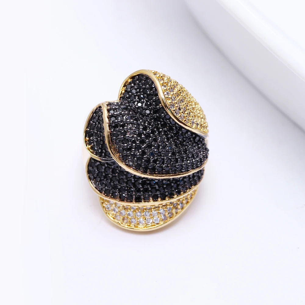 Stunning Luxury jewellery black crystal big ring bijuteria feminina fashion Jewelry White and Gold color large Ring's for party
