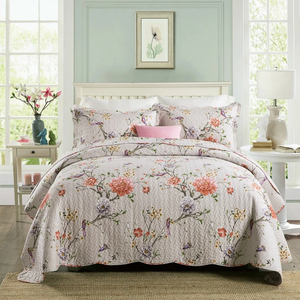 Indian Gray Birds Printed bedspread or quilt Queen Size Quilt Hand