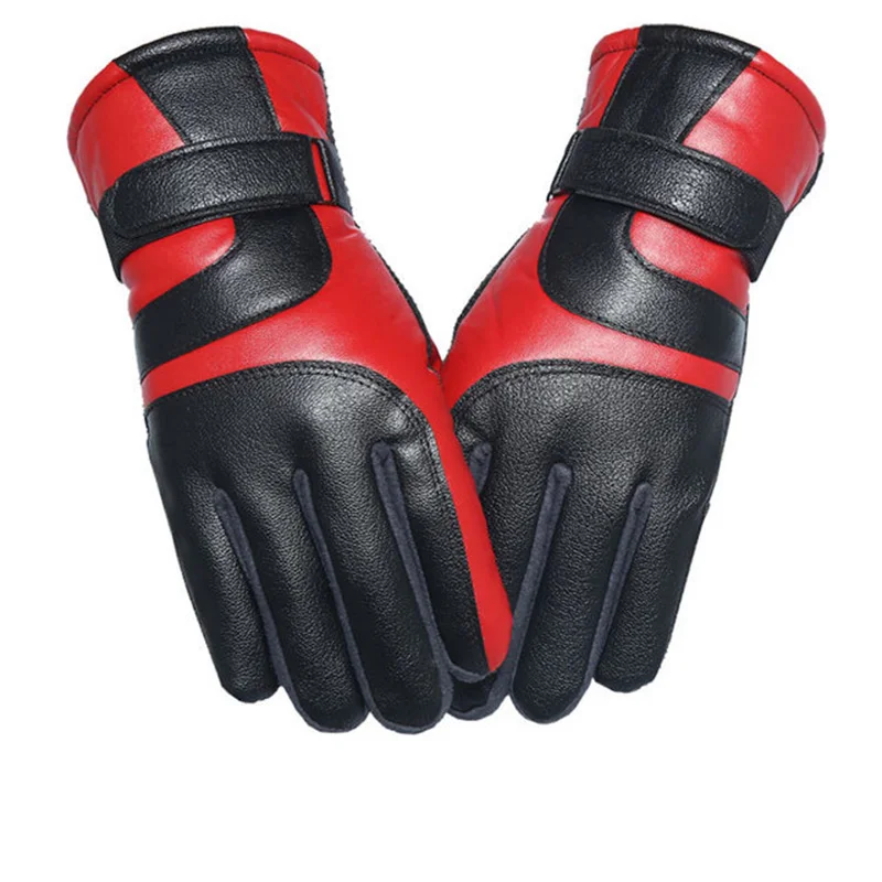 Мужские и женские зимние теплые черные ветрозащитные водонепроницаемые кожаные перчатки плюс плюшевые толстые кашемировые перчатки для вождения с сенсорным экраном C55 - Цвет: Full leather Red