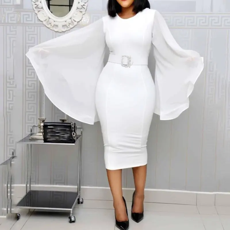 

White Elegant Party Dress Women 2019 Black Office Fashion Chiffon Flare Long Sleeve Sexy Bodycon Belt Ladies Autumn Midi Dresses