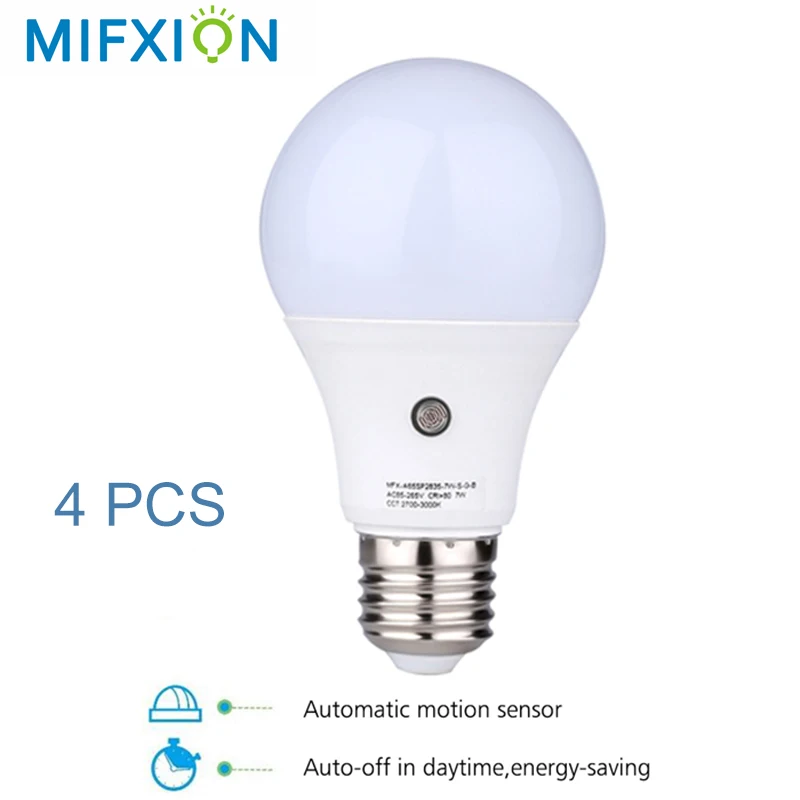 

MIFXIN 4 PCS LED Bulb E27 7W 85V-265V Auto Sensor Light Control with Light Sense for Corridors Stairs High Brightness LED Bulb