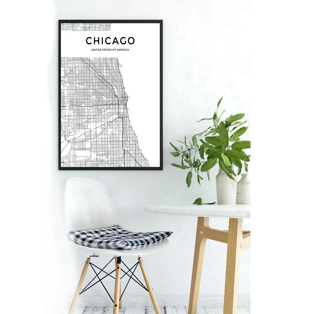 Chicago City карта современные картины на холсте Черно-белые плакаты на скандинавскую тему репродукции, настенное Искусство картинки для гостиной домашний Декор без рамки