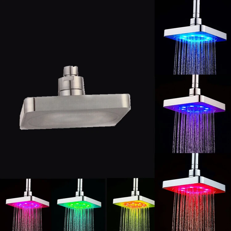 6 Inches Square LED Top Shower Heads Water Pressured Multi color Shower