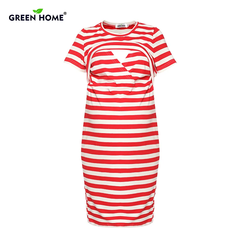 

Green Home Striped Maternity Nursing Dress Cotton Pregnancy Breastfeeding Dress for Pregnant Short Sleeves Maternity Clothes