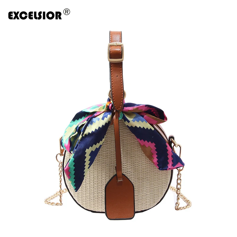 

EXCELSIOR Fashion Women's Bag New Bucket Bag Super Quality Straw Handbags Circle Popular Messenger Bag for Girl Colorful Scarves