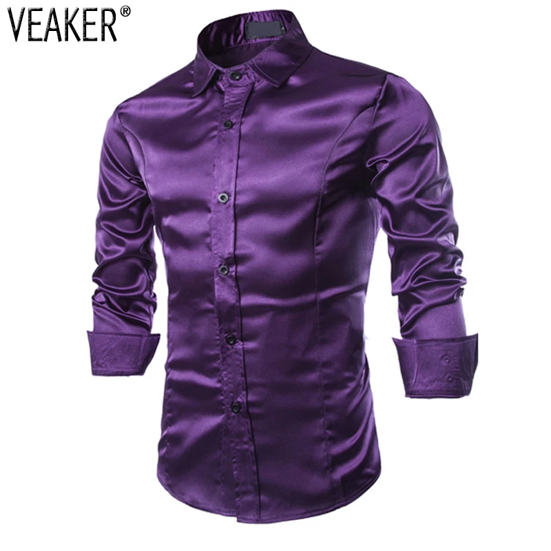

2018 New Men's Silk Satin Party Shirts Male Autumn Long Sleeve Slim Fit Shirts Casual Solid Color Business Shirts M-2XL