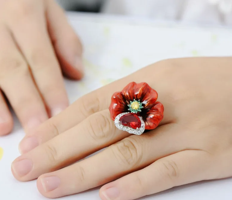 Hainon горячая Распродажа позолоченное кольцо красная эмаль цветы обручальные кольца для женщин сердечко серебряного цвета роскошные кольца ювелирные изделия