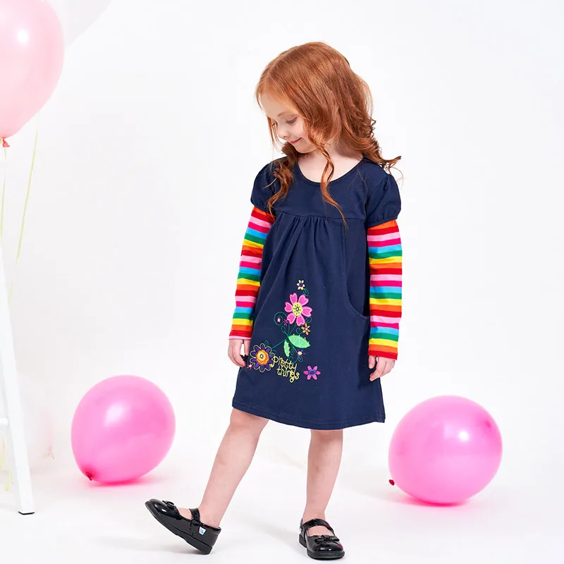 Girl's Fantastic O-Neck Long Sleeves Multi Design Print Short Dress-Model Show2