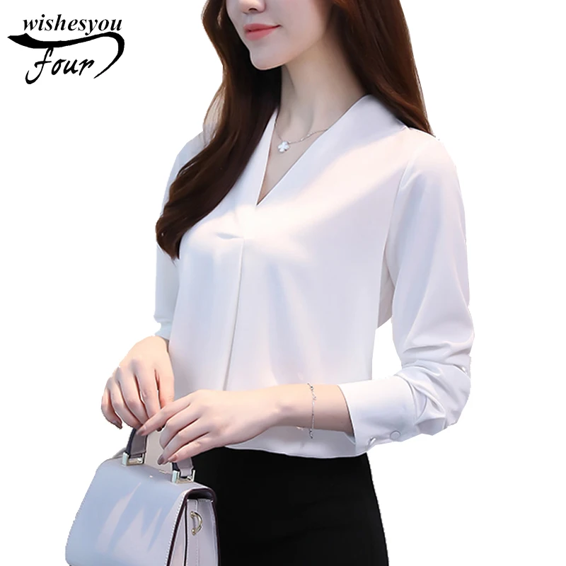 2022 new high quality women Chiffon blouse shirt top long sleeve casual solid v collar office lady shirt top blusas 699E 30
