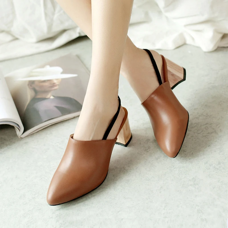 

Women's Pumps Genuine Leather High Heels Pointed Closed toe Slip On Wood Heel High Heels Shoes Woman Slingback Brown Pumps