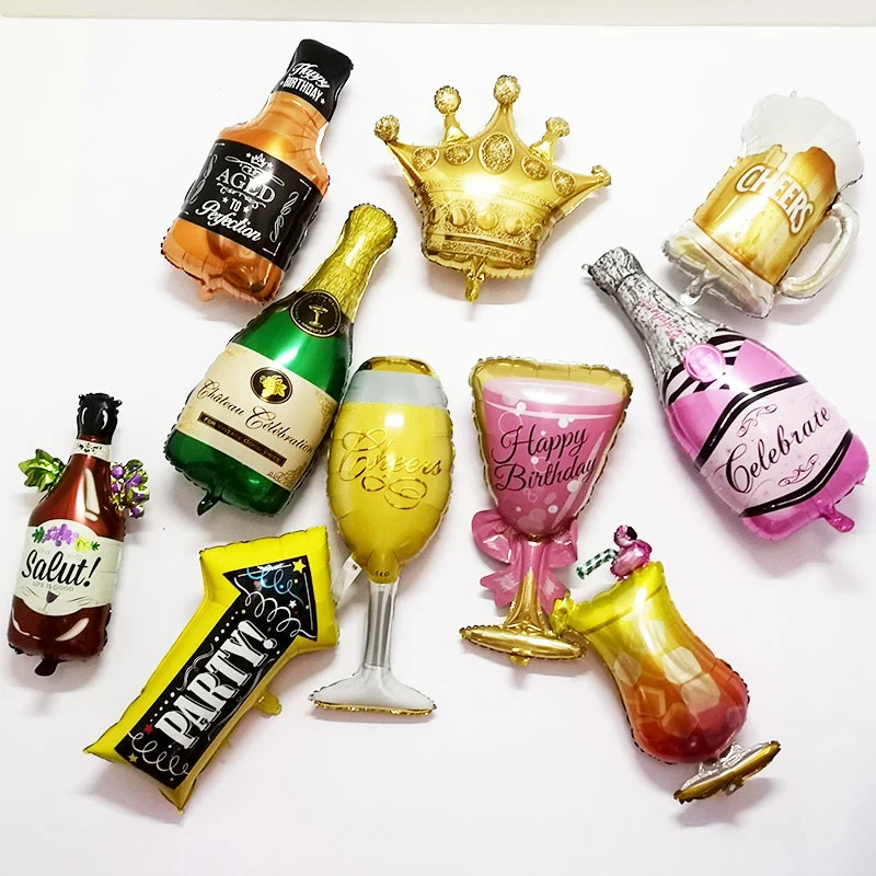 

1pcs Happy Birthday Party Decoration Supplies Adult Ceremony Golden Crown Champagne Glasses Whiskey Bottle Foil Balloon