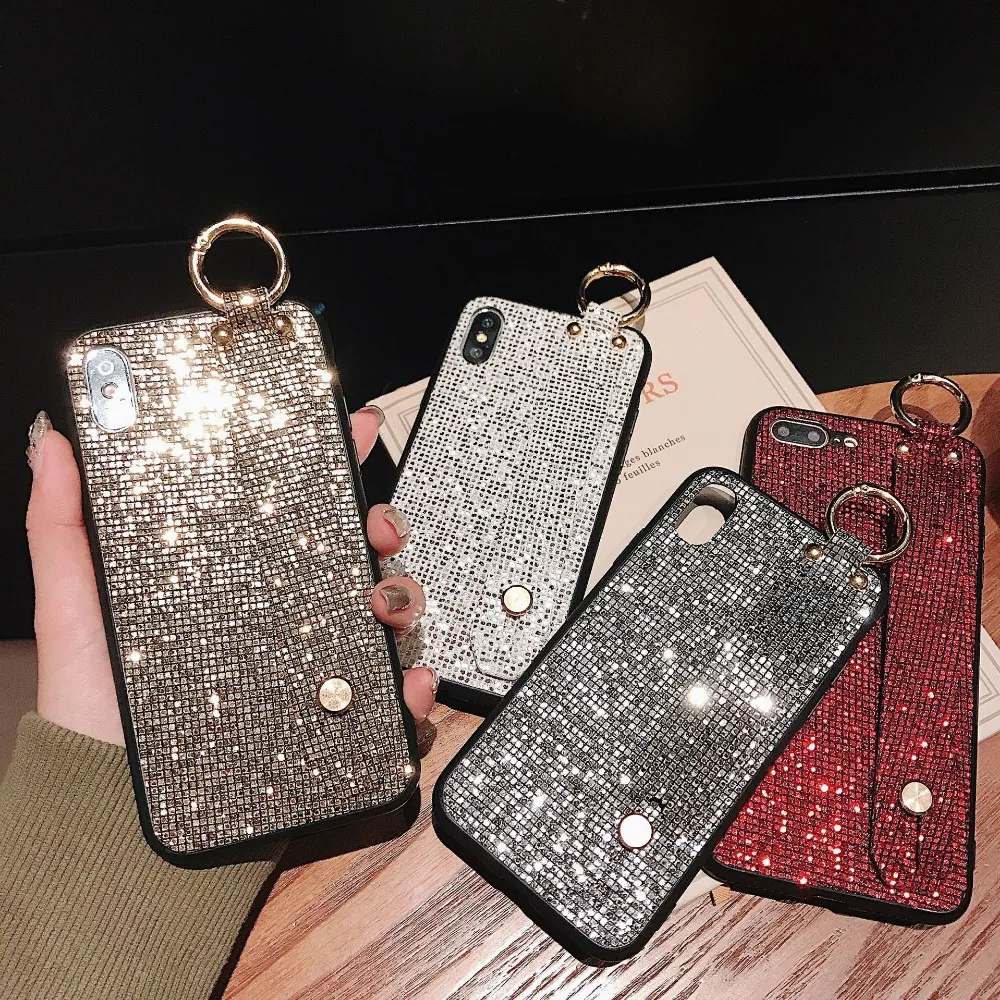 Case For iPhone Xr X Xs Max Cover Korean Shiny Glitter Sequins Girly Wristband Stand Phone Cases (1)