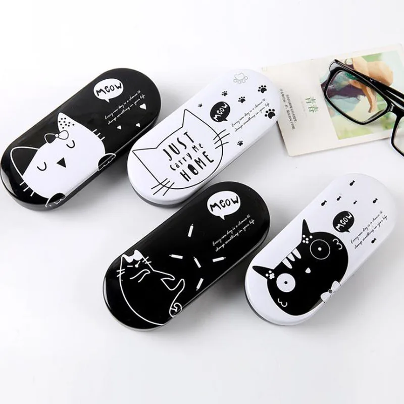 

1 Pcs Cartoon Lovely Kawaii Black White Cat Eyewear Case Iron Tin Metal Glasses Box Spectacle Case Students Stationery Gift