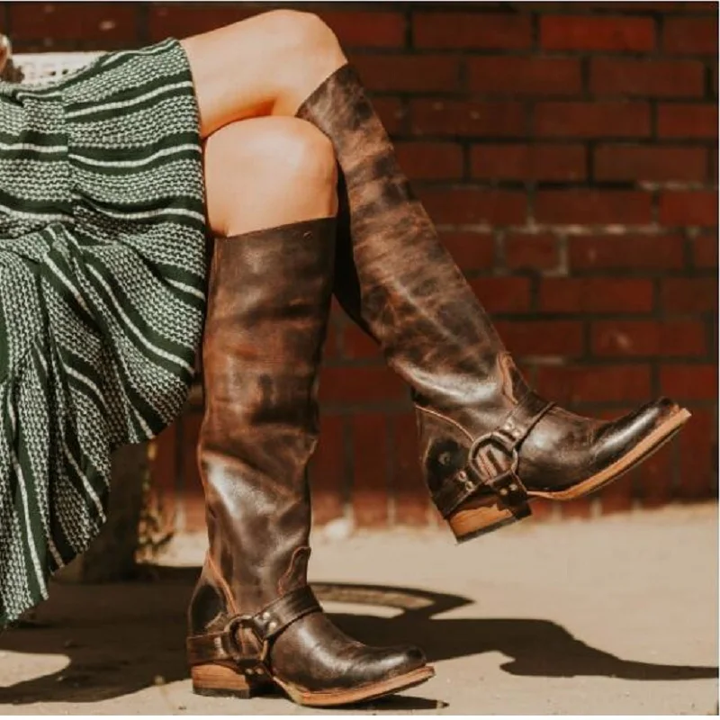 

Knee high boots women pu leather low heels vintage ladies shoes round toe platform riding boots plus size zapatos de mujer