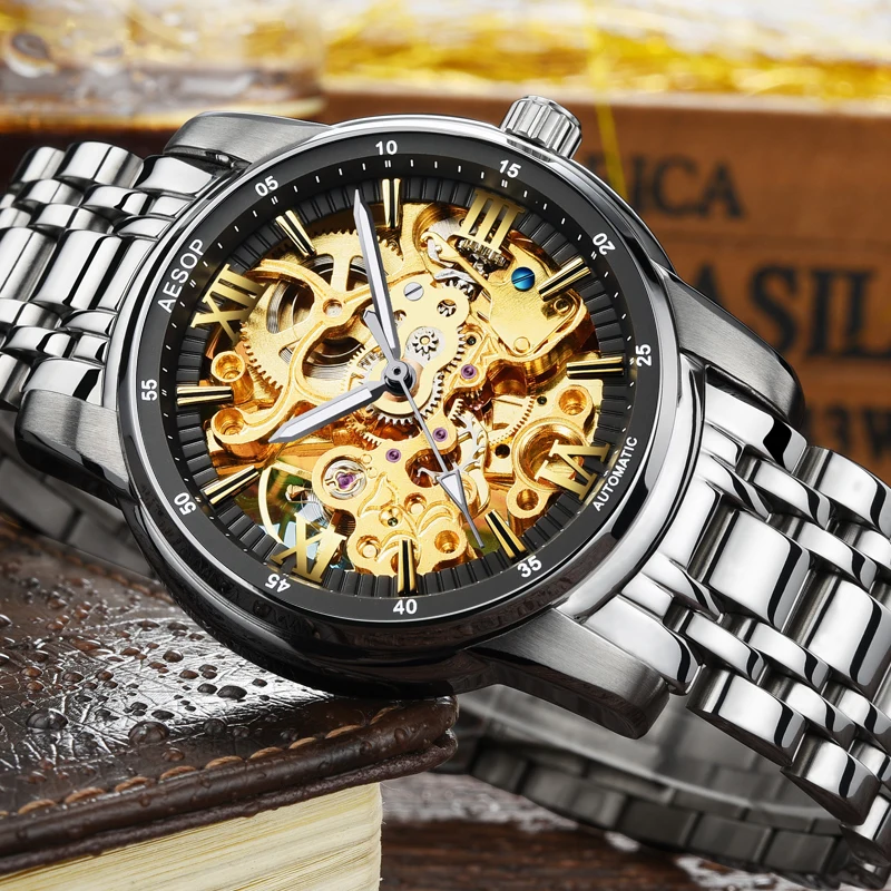 

2019 Aesop Hollow Men Watch Men Automatic Mechanical Wrist Wristwatch Top Waterproof Male Clock Relogio Masculino Hodinky 9013G