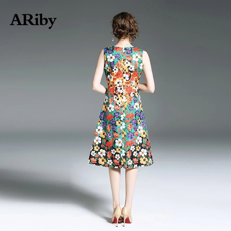 Women Dress 2019 Summer Fashion Lady Elegant Slim Fit Sleeveless Dress Floral Printed O-Collar Knee-Length A-Line Dress Vestidos Women Dress 2019 Summer Fashion Lady Elegant Slim Fit Sleeveless Dress Floral Printed O-Collar Knee-Length A-Line Dress Vestidos