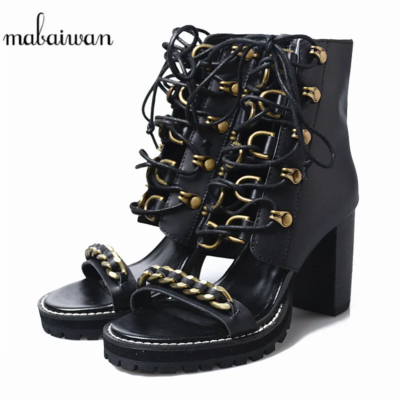 

Mabaiwan Women Shoes Thick High Heel Summer Sandals Genuine Leather Slippers Zip Cross Tied Shoes Women's Open Toe Wedding Pumps