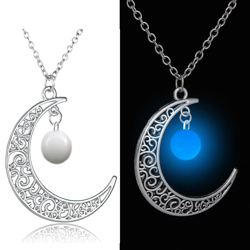 Hollow Half Moon Necklace Glow Stones Magic Night Lighting Fluorescent Necklace Soy Luna Fashion Jewelry Pendant For Women