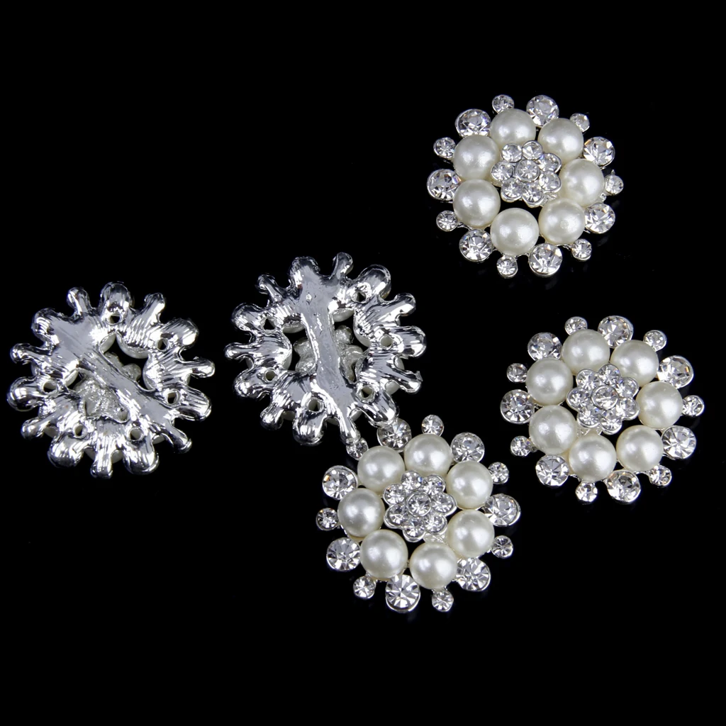 5 Pieces Crystal Rhinestone Pearl Flower Button Flatback DIY Sewing Craft 30mm