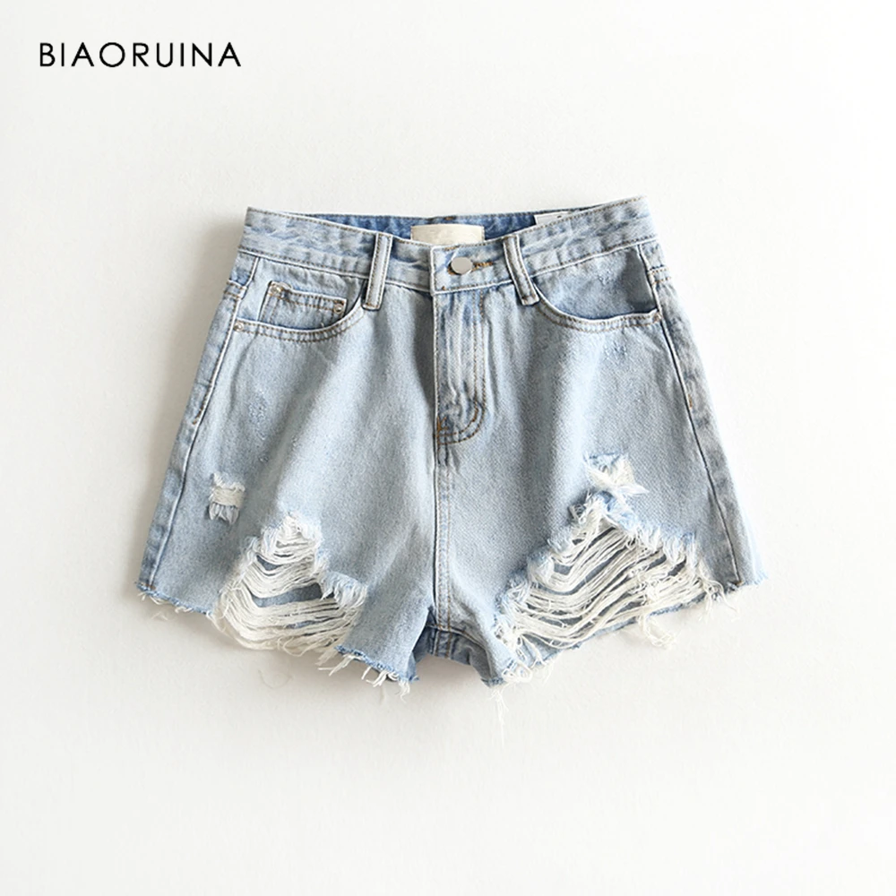 BIAORUINA Женская винтажная стирка отбеленная джинсовая ткань короткие женские поцарапанные отверстия модные короткие кисточки