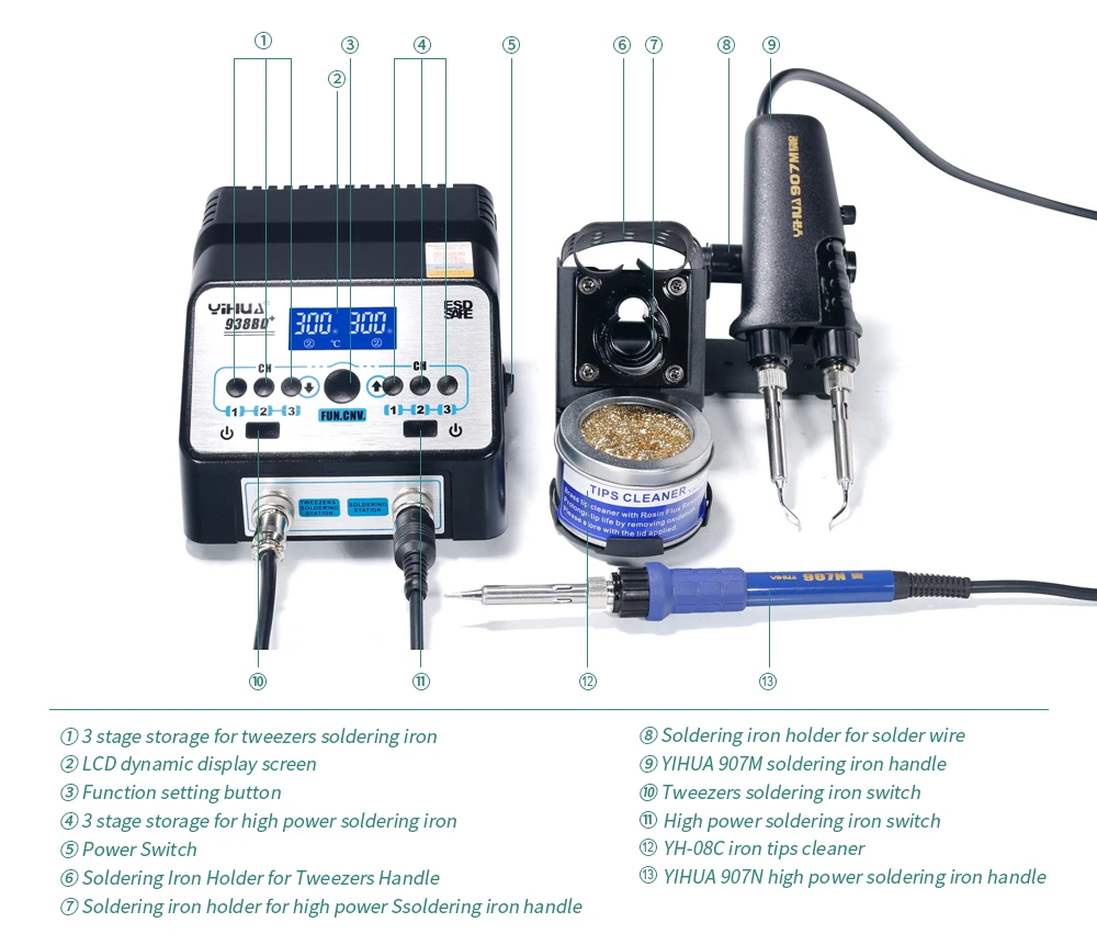 YIHUA 938BD + SMD паяльный Пинцет наладочная и ремонтная станция электрическое отопление плоскогубцы постоянное нагревание температуры паяльная