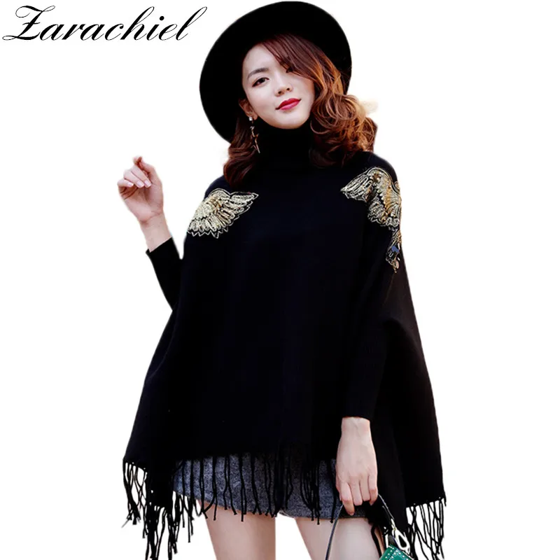 

New Winter Women Runway Knitted Wool Sweater Embroidery Gold Beading Eagle Tassel Poncho And Cape Turtleneck Pullovers Outwear