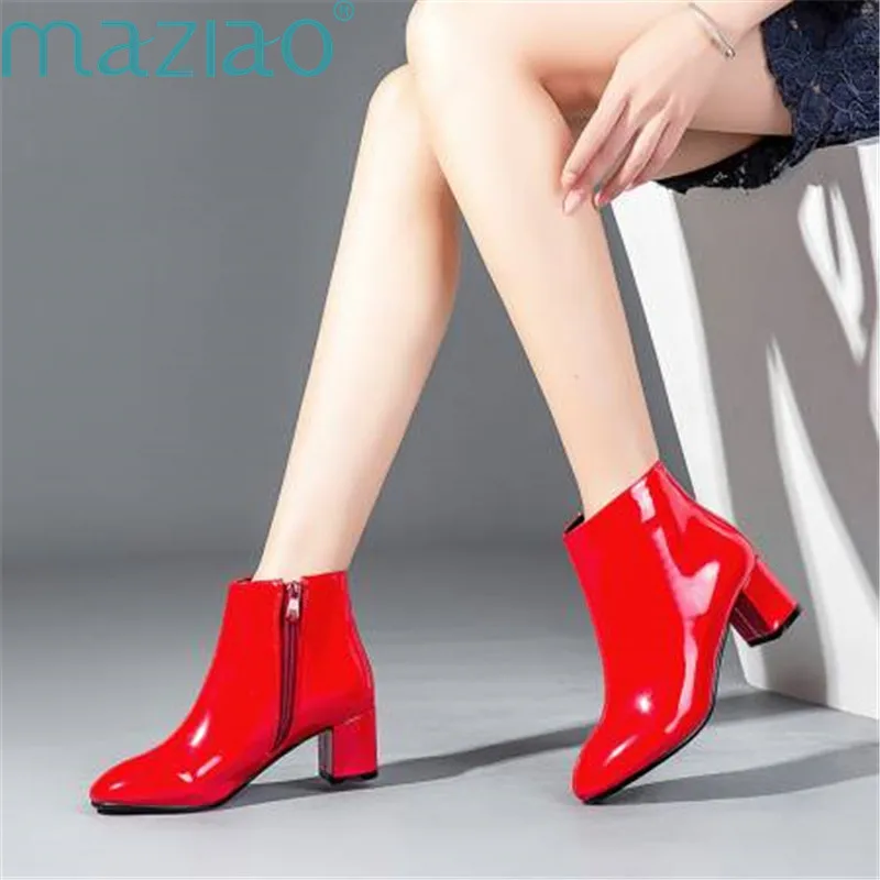 Ankle Boots for Women Square Head Side Zipper Rubber Shoes Classics Wedding Party Leather MAZIAO | Обувь