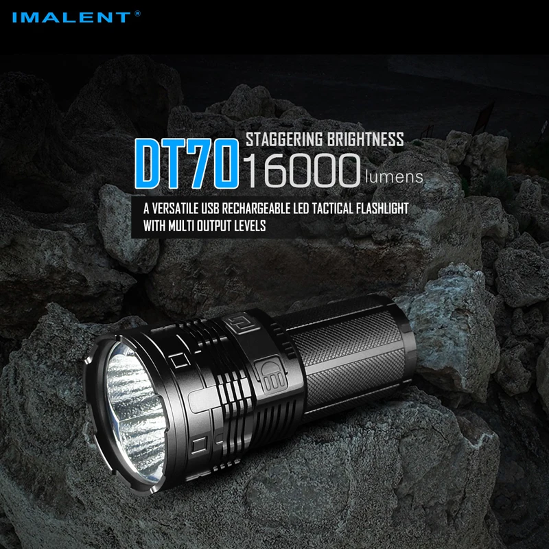 

16000 Lumens IMALENT DT70 USB Rechargeable LED Tactical Flashlight with Multi-level Output & OLED Display