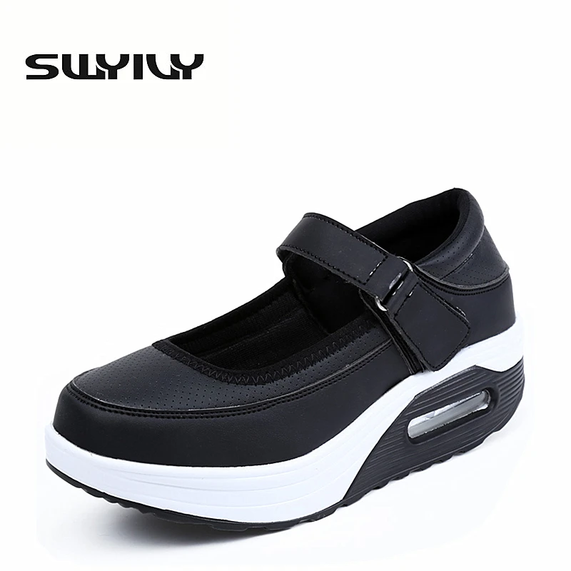 

PU Cushion Women Toning Shoes 5CM Height Increasing Hook-loop Wedge Swing Shoes White Nurse Shoes Spring Autumn 35-41