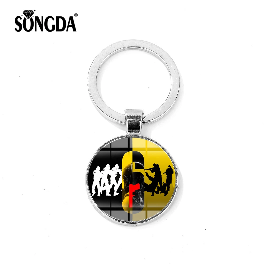 

SONGDA New Rainbow Six Siege Keychain Cool FPS Game Siege 6 Symbol Printed Glass Dome Key Ring Key Holder Car Key Chain Chaveiro