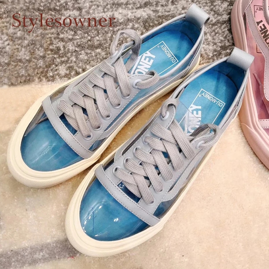 

Stylesowner 2018 newest candy color transparent shoes women platform flat round toe causal sneakers shoes lace up pvc lady shoes