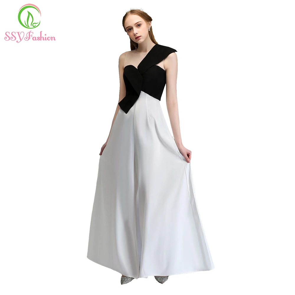 

Clearance Evening Dress The Banquet Simple White with Black Contrast Color Pants Prom Party Gown Robe De Soiree