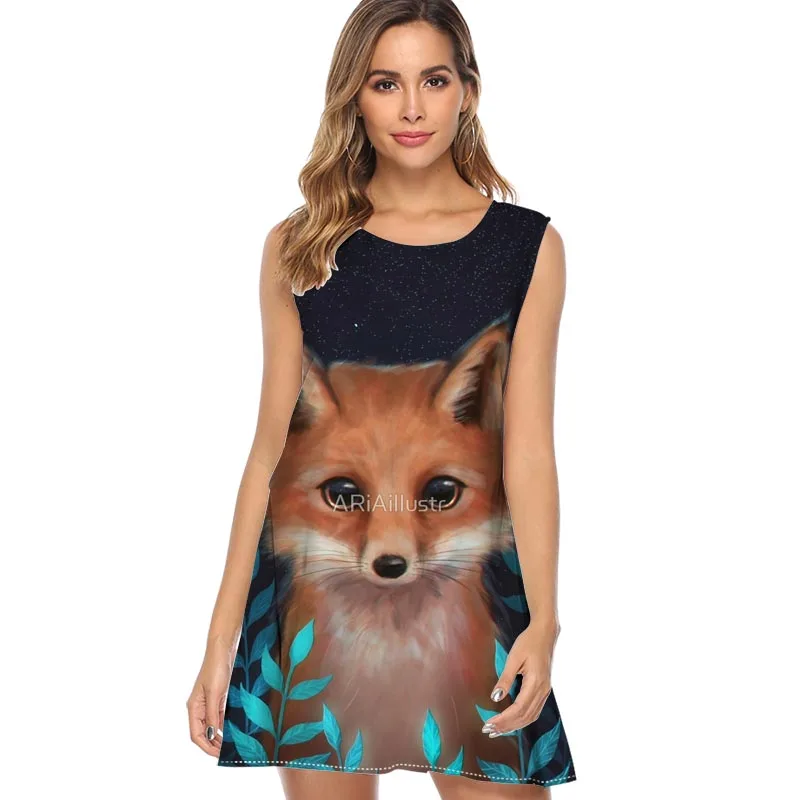 

Women Dress 2019 Fox Printed Vintage Boho Beach Dress Sexy Sleeveless Mini Short Summer Clothes Casual Loose Chiffon Dress