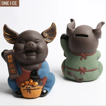 

2019 newstyle pig piggy bank purple sand ceramic children coin box home tea set pet decoration pig year pig piggy bank best gift