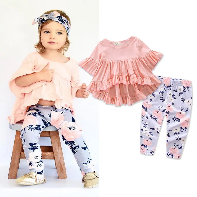 

Fashion Toddler Kids Baby Girl Clothes Outfits Ruffle Sleeve T-shirt Top +Floral Pants Trousers 2 Pieces Set