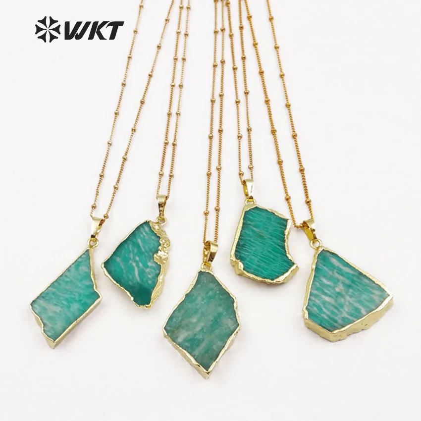 

WT-N1136 Irregular Shape Natural Amazonite Stone With Gold Bezel Pendant 18''Inch Long Gold Layer Necklace Women Mineral Jewelry