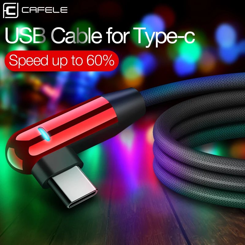 CAFELE Dual L Bend Type C USB Cable for Samsung Xiaomi Elbow Charging with LED Light For Huawei P30 Mate 30 Pro | Мобильные телефоны