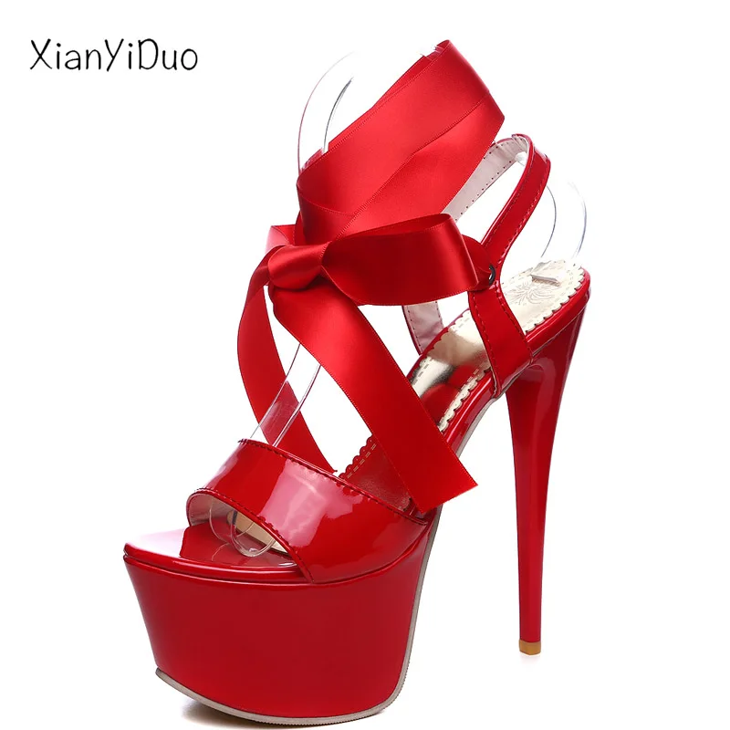 

2019 new Summer fashion sexy Women's shoes peep toe super high Heels platform sandals silk White plus size 40-48 red party / 109