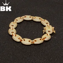 Мужской Iced Out хип хоп серебряный золотой тон инкрустированный цирконами Puffed морской звено цепи браслет 13 мм 8 дюймов разноцветный кубический цирконий