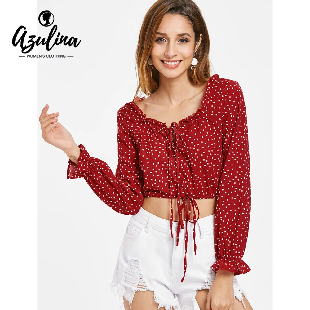 AZULINA Sweet Frilled Dotted Top Women Blouse Summer