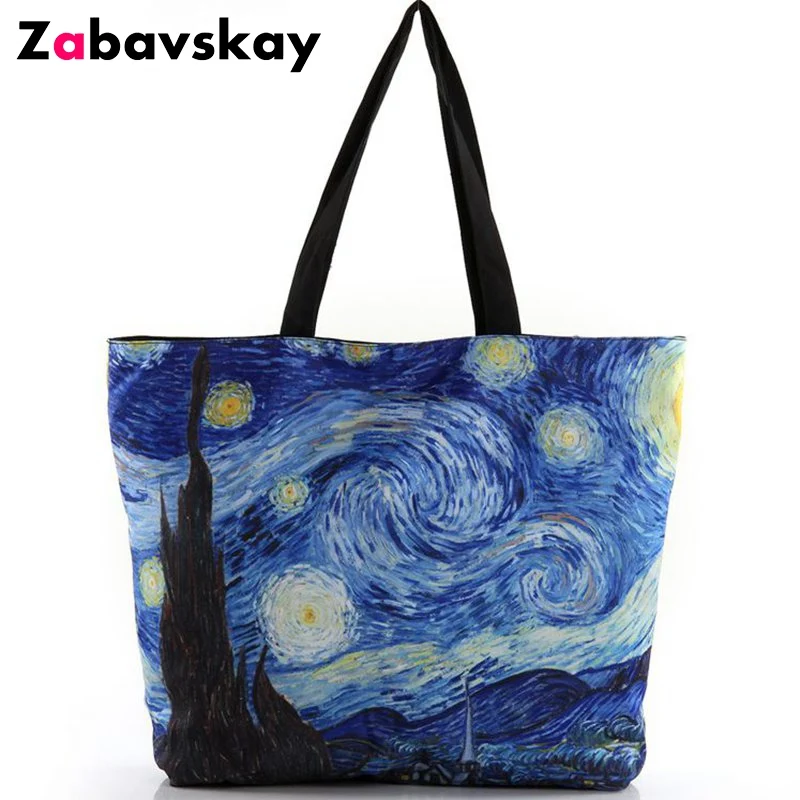 

New 2019 Fashion Van Gogh Starry Night Printing Shoulder Canvas Laptop Shopping Handbags Ladies Totes Bags With Zipper QT379