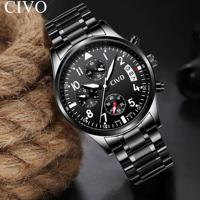 

CIVO Top Brand Mens Luxury Watches Waterproof Military Date CalendarWatch Quartz Sport Black Clock Reloj Hombre Analogue Watch