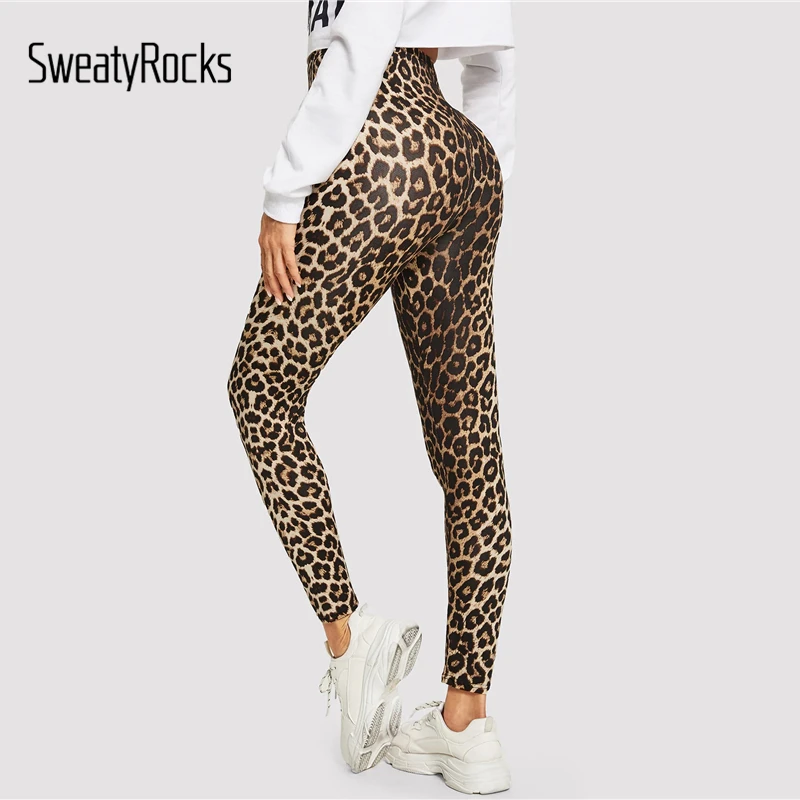 SweatyRocks عالية الخصر ليوبارد طباعة طماق نشط ارتداء النساء اللياقة البدنية نحيل طماق 2019 الربيع الأزياء Athleisure طماق