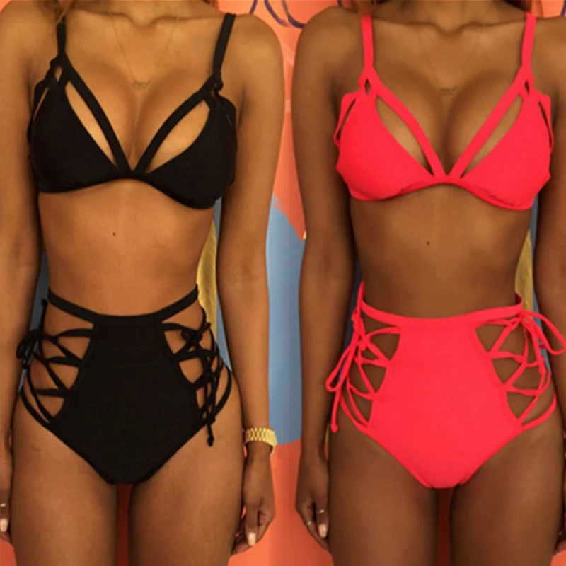Sexy Womens Padded Triangle Bra lace up Bikini Set Bandage High Wasit Buttons Beach Swimsuit Bathing Suit Swimwear Beachwear | Женская