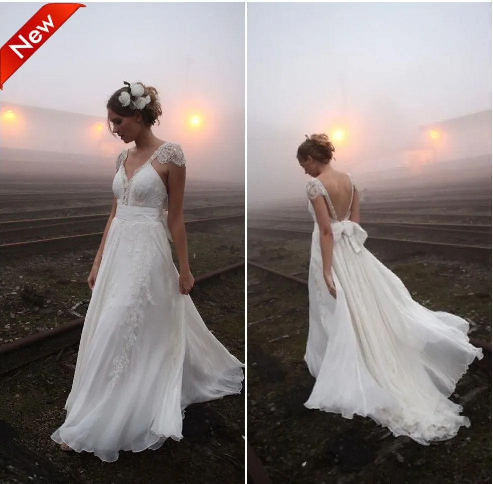 

Vestido De Noiva Backless Chiffon Lace Beach Wedding Dresses 2015 Floor Length Appliques Beaded Bridal Gowns Custom Made ZY4014