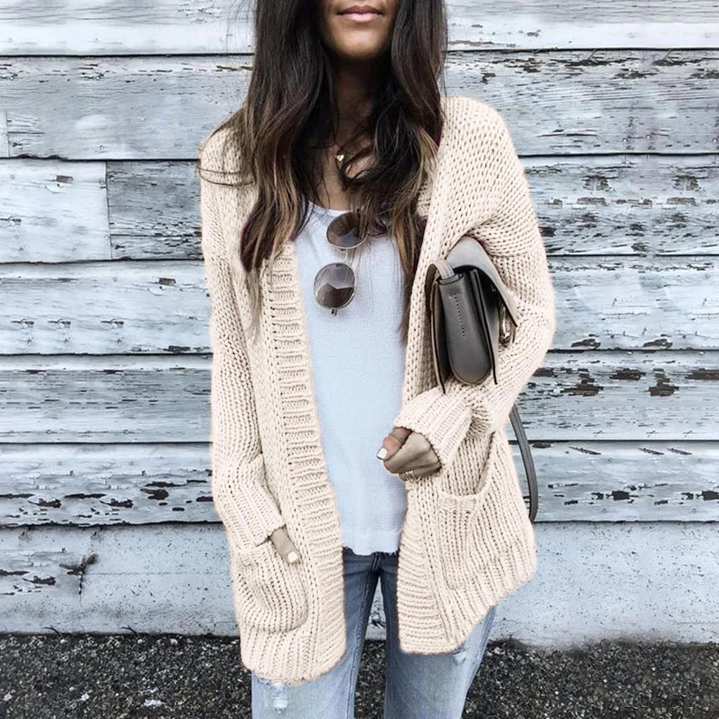 

Women Calsual Long Sleeve Solid Sweater Cardigan Coat With Pockets winter 2019 female grey slim jumpers vetement femme