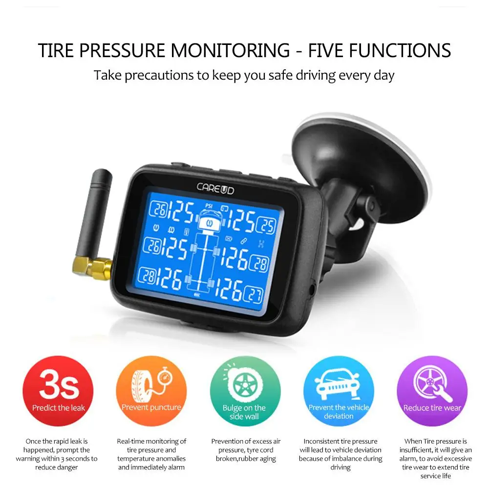 

Hot CAREUD Cars Trucks TPMS Car Wireless Tire Pressure Monitoring System + 6 Wheel External Sensor LCD Battery Replaceable